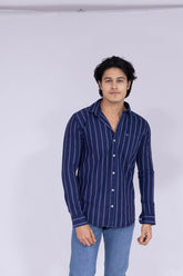 Navy blue shirt with white stripes